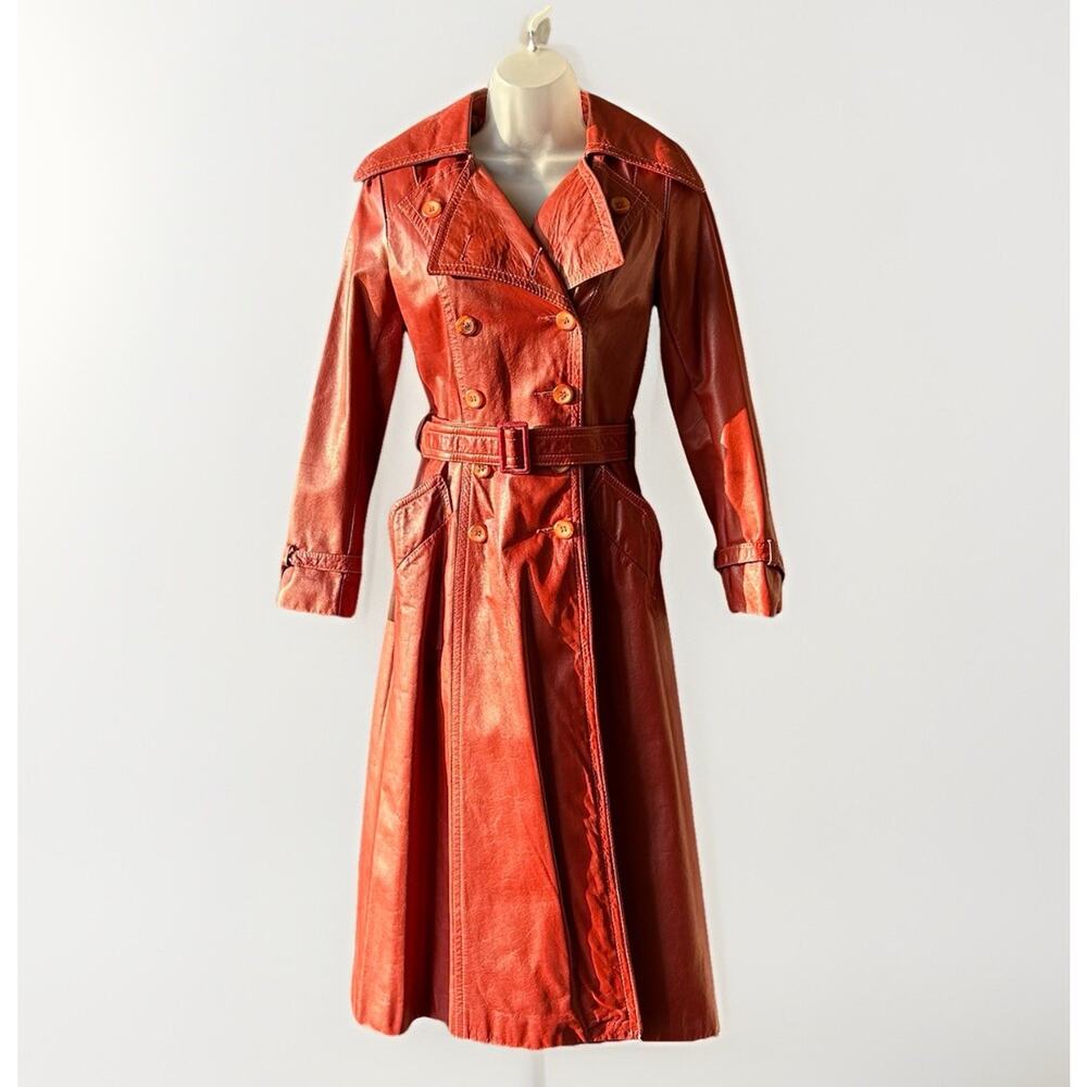 VTG 70s Sears JR Bazaar Leather Trench Coat Women's 7 Rust Red Retro Chic Disco